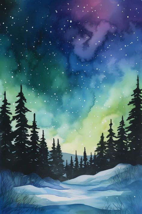 Northern Lights Watercolor Painting, Aurora Borealis, Dreamy Home Decor, Printable Wall Art, Northern Lights 1 - Etsy Northern Lights Christmas Cards, Aroura Borealis Painting, Aurora Watercolor Painting, Winter Watercolour Painting, Watercolour Northern Lights, Northern Lights Drawing, Northern Lights Watercolor Painting, Winter Landscape Drawing, Aurora Borealis Watercolor