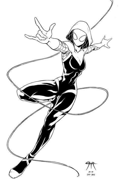 Marvel Female Characters Comic Art, Spider Gwen Drawing Reference, Spider Gwen Tattoo, Spider Gwen Sketch, Spider Gwen Comics, Gwen Spiderman, Marvel Female Characters, Spiderman Tattoo, Spiderman Coloring