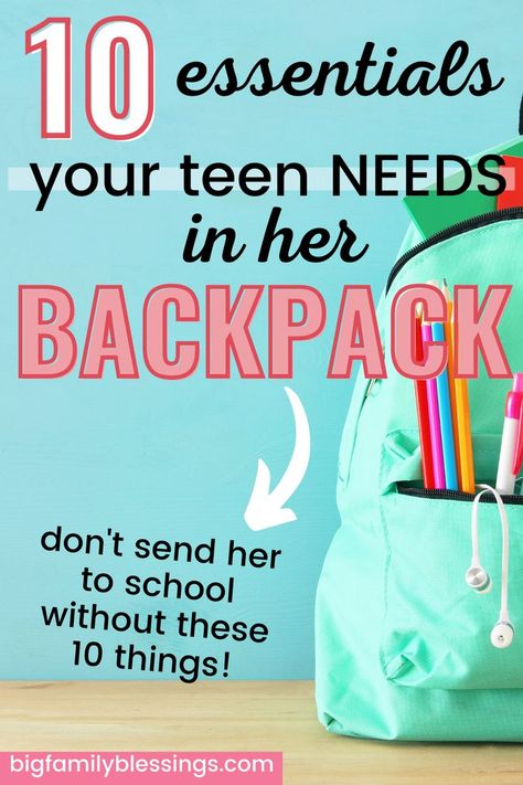 Backpack with ten items that a teen girl should never be without. Middle School Backpack, Travel Backpack Essentials, School Backpack Essentials, School Bag Essentials, Backpack Essentials, Back To School Bags, Back To School Backpacks, Bag Essentials, Back To School Activities