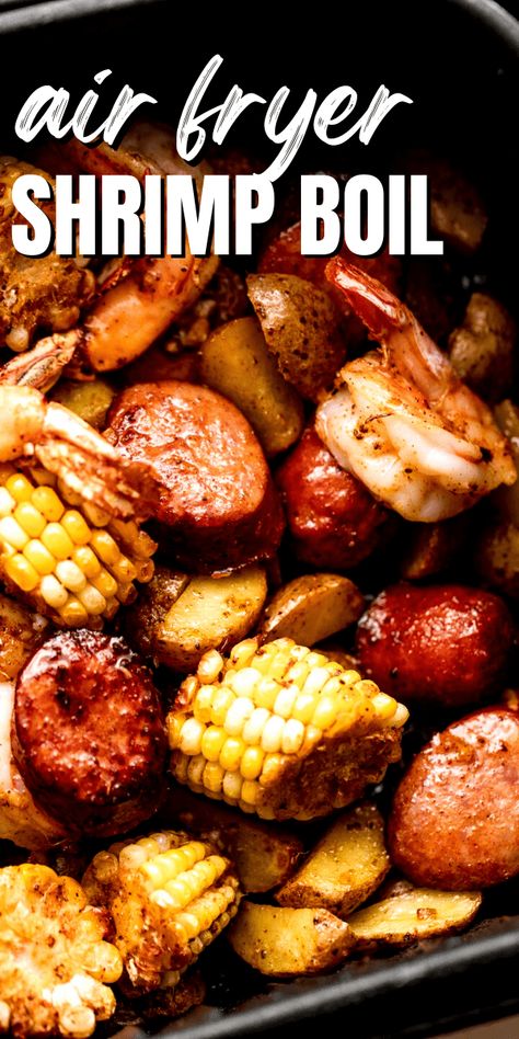 Festive and absolutely flavorful, this easy Air Fryer Shrimp “Boil” is a quick and easy weeknight dinner prepared with potatoes, juicy corn, sausages, and shrimp. Shrimp Sausage Air Fryer, Easy Recipes Dinner Air Fryer, Comfort Food Air Fryer, Friday Night Dinner Ideas Air Fryer, Air Fryer Cajun Shrimp And Sausage, Air Fryer Shrimp And Sausage Recipes, Air Fryer Shrimp And Sausage, Sausage Recipes In Air Fryer, Shrimp Boil Air Fryer