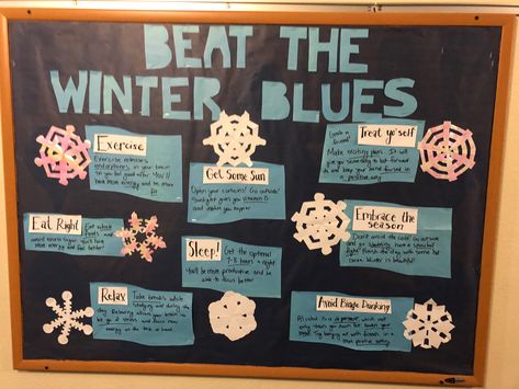 Winter Blues Bulletin Board, Winter Counselor Bulletin Boards, Winter Mental Health Bulletin Board, January Bulletin Board Ideas For Work, Winter Bulletin Board Ideas For Work, Snowflake Bulletin Board, Ra Bulletin Boards Winter, Counselor Bulletin Boards, Pe Bulletin Boards