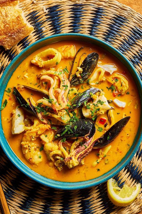 Teeming with mussels, squid, shrimp, and cod, Catalonia's zarzuela is a quick-cooking extravaganza of classic Spanish flavors. Delicious Seafood Recipes, Seafood Stew, America's Test Kitchen Recipes, Vegetable Pasta, Kitchen Recipe, America's Test Kitchen, Cooks Illustrated, Fool Proof Recipes, Americas Test Kitchen