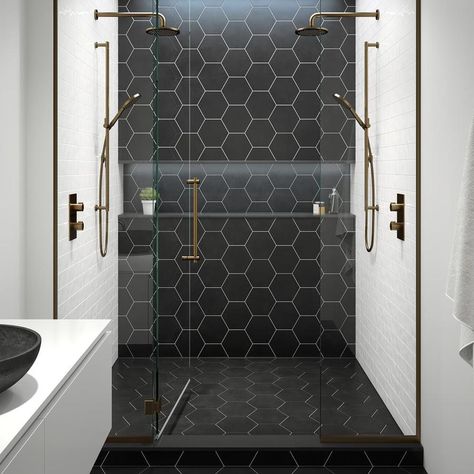 Bedrosians Anthologie 20-Pack Black 8-in x 9-in Porcelain Deco Floor and Wall Tile (Common: 8-in x 9-in; Actual: 9-in x 7.88-in) at Lowes.com Hexagon Tile Bathroom, Tile Bathrooms, Black Tile Bathrooms, Black And White Bathroom, Bathroom Black, Black Tile, Large Tile, Bathroom Remodel Shower, Bathroom Layout