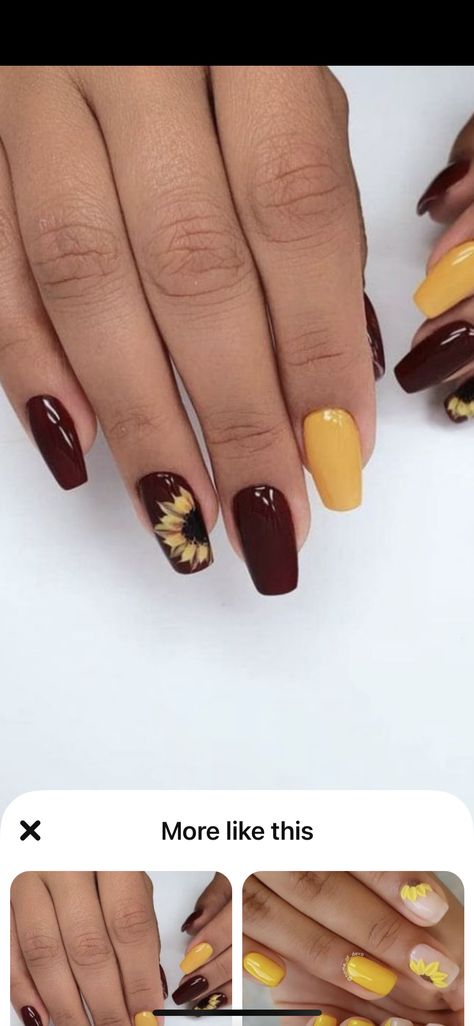 Burgundy Yellow Nails, Maroon Nails With Sunflowers, Yellow And Maroon Nails, Maroon And Sunflower Nails, Maroon Sunflower Nails, Burgundy Nails With Sunflower, Burgundy And Mustard Nails, Yellow And Burgundy Nails, Burgundy And Sunflower Nails