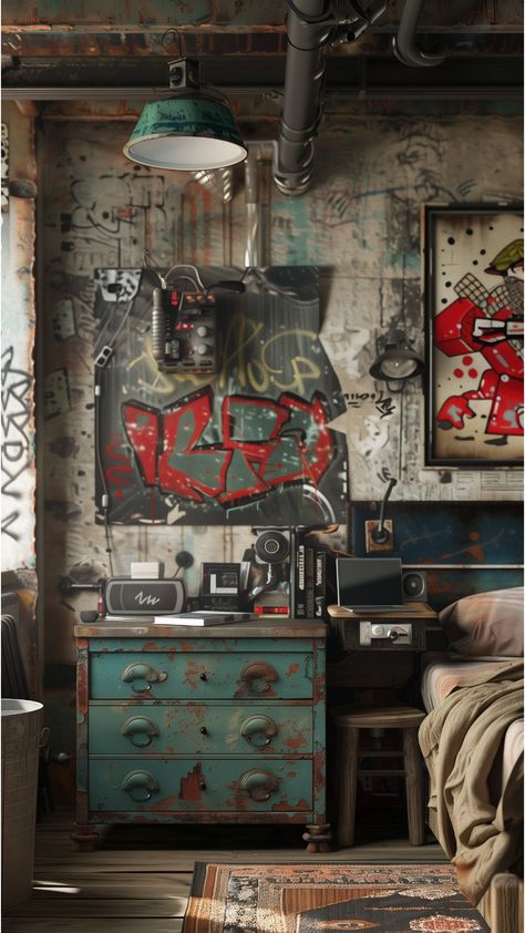 Complement graffiti elements with rugged, industrial furniture made from reclaimed wood and metal. This combination enhances the urban, street style aesthetic while providing functional and sturdy furnishings. Modern Urban Bedroom, Urban Bedroom Ideas, Graffiti Bedroom, Graffiti Furniture, Home Decor Quotes, Minimalist Furniture, Home Decor Paintings, Metal Bed Frame, Room Interior Design