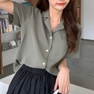 Moon City - Short-Sleeve Collared Button-Up Blouse | YesStyle Korean Fashion Blouse, Moon City, Blusas Top, Korean Tops, Cute Pants, Wrap Shirt, Crop Top And Shorts, Knit Turtleneck Sweater, Loose Shirts