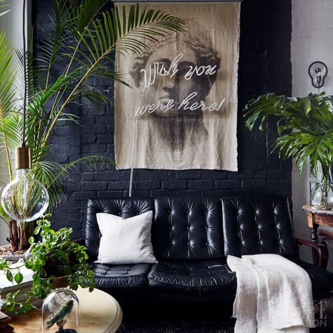 Decor Styles to Mix - Hygge Gothic Jungalow | Apartment Therapy Eclectic Room, Leather Couches, Cosy Sofa, Black Leather Sofas, Dark Walls, Amazing Artwork, Dark Interiors, Black Sofa, Front Room