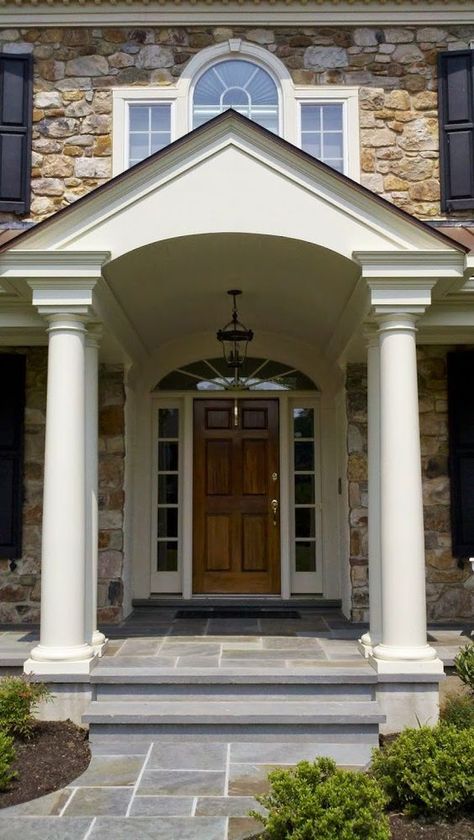 Arched window above front door Round Columns On Front Porch, Curved Front Porch, Portico Ideas, Flagstone Floor, Barrel Vault, Front Porch Addition, Veranda Design, Portico Design, Colonial House Exteriors