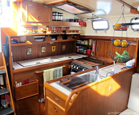 Boat Organization, Liveaboard Sailboat, Liveaboard Boats, Boat Interior Design, Boat Galley, Sailboat Interior, Sailboat Living, Living On A Boat, Boat Decor