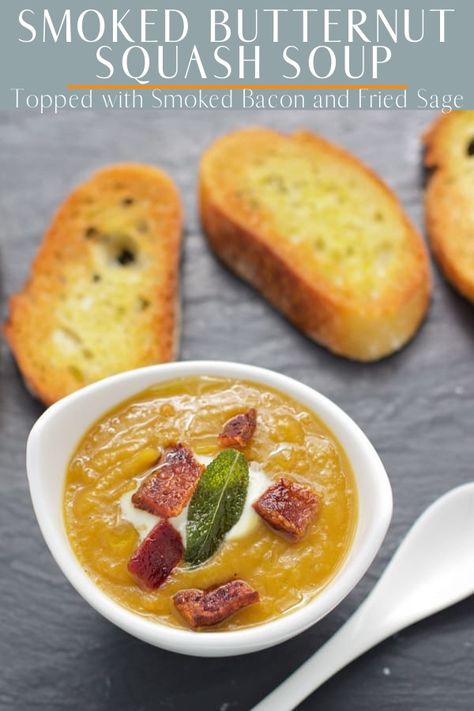 Smoked Butternut Squash Soup topped with smoked bacon and fried sage. This is a great smoked soup for the fall and winter. #butternutsquash #smokedsoup #smokedbacon #vindulge Smoked Soup, Smoked Butternut Squash, Soup Butternut Squash, Fried Sage, Vegan Bbq Recipes, Buttercup Squash, Butternut Squash Cubes, Butternut Soup, Bacon Fries