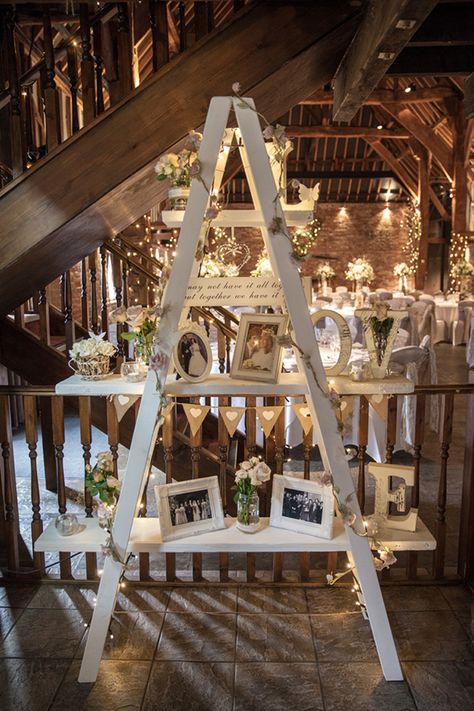 Elegant White Ladder Vintage Wedding Ideas Ladder Wedding, Winter Barn Weddings, Rustic Country Wedding Decorations, Wedding Photo Display, Rustic Wedding Decorations, Vintage Ladder, Country Wedding Decorations, Vintage Wedding Photos, Wedding Winter