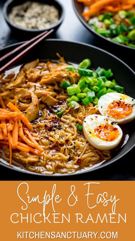 Simple & Easy Chicken Ramen is the perfect cozy meal for any night. Loaded with shredded chicken, savory broth, and perfectly cooked noodles, it's full of flavor and texture. Topped with fresh spring onions, egg, and a hint of chili oil, this ramen is an irresistible bowl of comfort. Enjoy the rich taste with every bite! Healthy Homemade Ramen Recipe, Crockpot Chicken Ramen, Ramen Noodles And Chicken, Authentic Ramen Recipes, Quick Chicken Ramen, Garlic Chicken Ramen, Ramen Bowl Recipe, Easy Chicken Ramen, Top Ramen Recipes