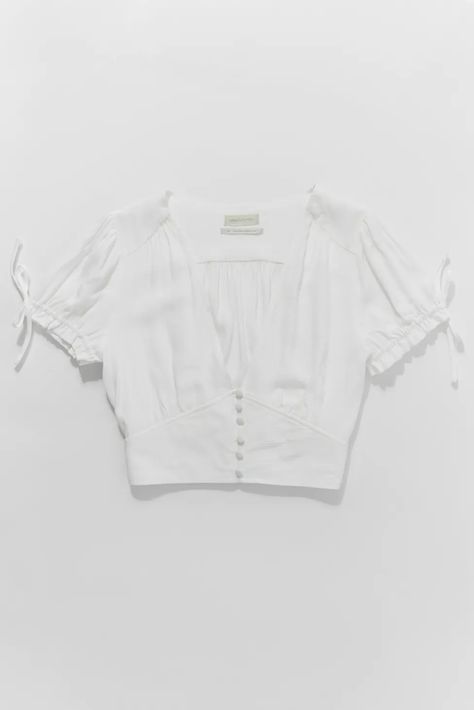 UO Eden Crepe Button-Down Cropped Top | Urban Outfitters Cropped Cami, Cropped Top, Women's Tops, Crochet Clothes, Puff Sleeves, Eden, White Shorts, Puff Sleeve, Button Downs