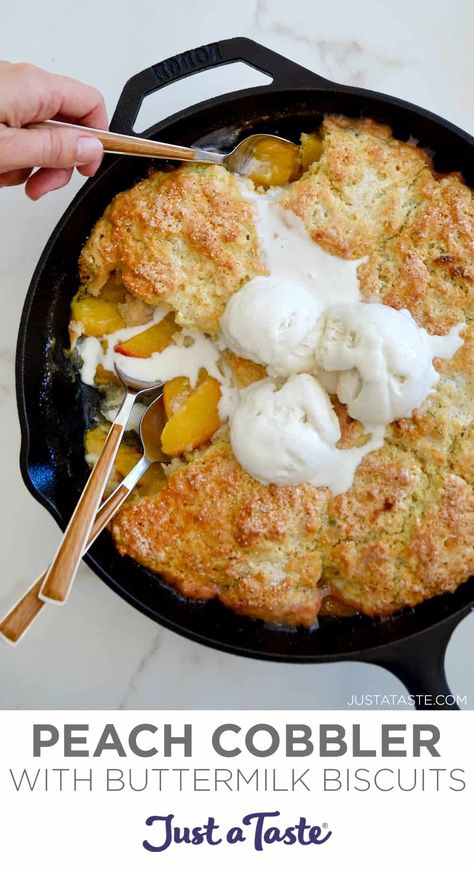 Peach Cobbler with Buttermilk Biscuits will quickly become your favorite summer dessert! Juicy peaches topped with pillowy buttermilk biscuits studded with fresh thyme. Best of all, this peach cobbler recipe works great with fresh or frozen fruit! #justatasterecipes Peach Cobbler With Buttermilk, Dutch Oven Recipes Cast Iron, Cobbler Easy, Buttermilk Biscuits Recipe, Sweet Smoothies, Peach Cobbler Easy, Favorite Breakfast Recipes, Just A Taste, Fruit Toppings