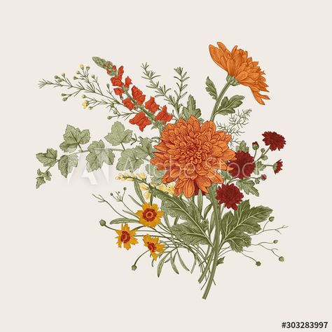 Download Autumn flowers. Classic flower arrangement. Vector botanical floral illustration. Stock Vector and explore similar vectors at Adobe Stock. Flowers On Canvas, Cactus Illustration, Poster Template Design, Classic Flower, Flower Close Up, Cherry Flower, Autumn Flowers, Spring Landscape, Floral Illustration