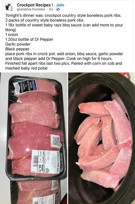 Boneless Pork Ribs Crockpot, Boneless Ribs Crockpot, Breakfast At Work, Ribs Crockpot, Sweet Baby Rays Bbq Sauce, Boneless Pork Ribs, Boneless Ribs, Crockpot Ribs, Crockpot Meal