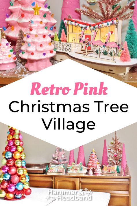 Retro Pink Christmas Tree, Retro Christmas Village, Mid Mod Christmas Decor, Pink Christmas Crafts Diy, Palm Springs Christmas Decor, Vintage Pink Christmas Tree, Vintage Pastel Christmas Decor, Retro Christmas Decor Ideas, Vintage Pink Christmas Decor