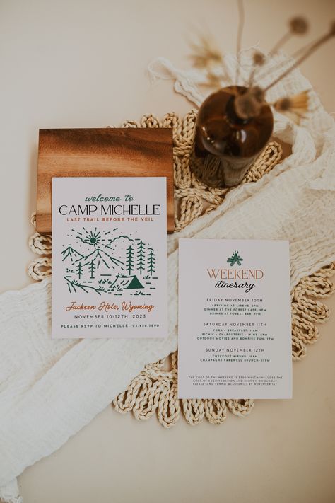 Camp Bachelorette Party Invitation Template, Last Trail Before the Veil Bachelorette Party Itinerary Telluride Bachelorette Party, Camp Bach Itinerary, Catskills Bachelorette Party, Yosemite Bachelorette Party, Camp Bachelorette Party Itinerary, Woodsy Bachelorette Party Ideas, Camp Bachelorette Invitations, Camp Bachelorette Itinerary, Bachelorette Cottage Weekend