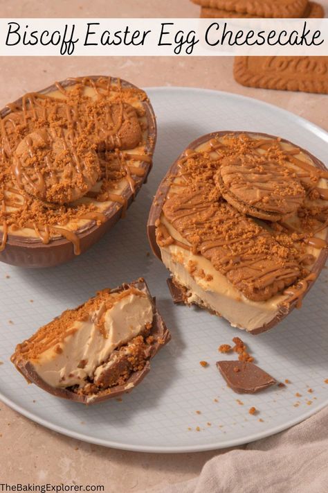 Recipe for Biscoff Easter Egg Cheesecake - an easy no bake treat for Easter! Biscoff biscuits and Biscoff cheesecake inside a chocolate egg #thebakingexplorer #biscoff #nobakecheesecake #eastercheesecake #biscoffcheesecake Easter Egg Cheesecake, Easter Egg Dessert, Cheesecake Easter, Easter Cheesecake, Easter Foods, Biscoff Cheesecake, Biscoff Biscuits, Easy Easter Desserts, Easter Snacks