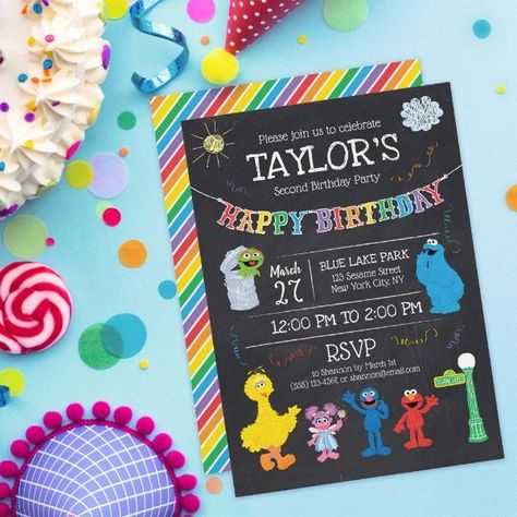 Sesame Street Pals Chalkboard Rainbow 2nd Birthday Invitation Sesame Street Second Birthday, Sesame Street Invitations, Sesame Street Elmo, Chalkboard Invitation, Birthday Party Design, Elmo Birthday, 2nd Birthday Invitations, Birthday Kids, Birthday Chalkboard