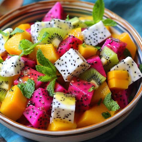 Mango Fruit Bowl, Greek Fruit, Fruit Combos, Salad Recipes Fruit, Greek Yogurt Honey, Twist Recipes, Rainbow Pizza, Kiwi Recipes, Yogurt Honey