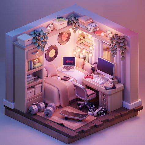 Cozy workspace made in blender ❤️ . . . #b3d #blender3d #3dprops #lowpolyart #isometricart #isometric #blendercommunity #cyclesrender #3dblender #3dblendered #801vI #dart #3dartist #3dmodeling #flowersshop #flower #cozy #studioshare #voxelvibes #summer #bedroom #workspace Blender Interior Design, Blender Isometric Room, Blender Projects, 3d Bedroom, Blender Ideas, Isometric Room, Cozy Workspace, Bedroom Workspace, 3d Miniature