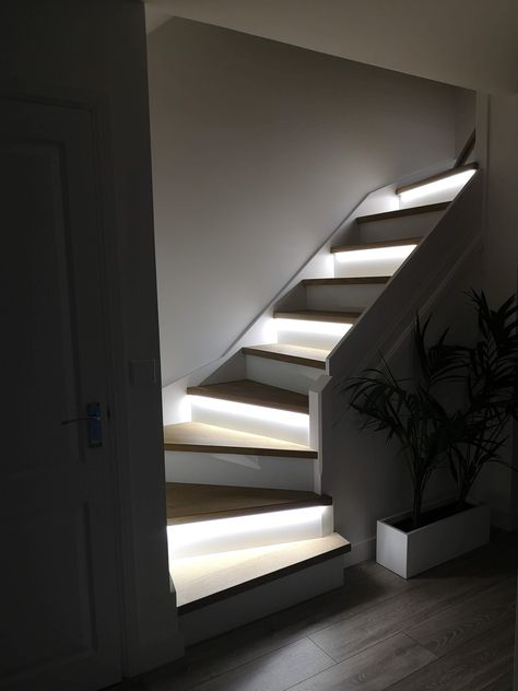 Oiled oak treads and white glass risers, cold white leds Wooden Stairs, White Glass, Stairs, Glass, Pins, White