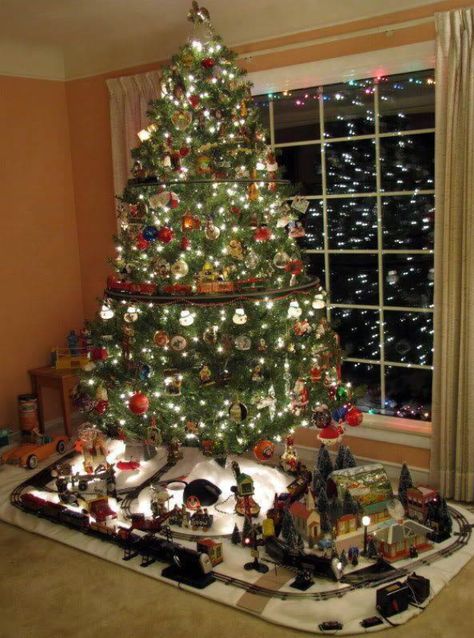 Train Under Christmas Tree, Train Around Christmas Tree, Village Tree, Christmas Tree Train, Christmas Tree Village, Christmas Tree Base, Tree Display, Toy Trains, Christmas Layouts