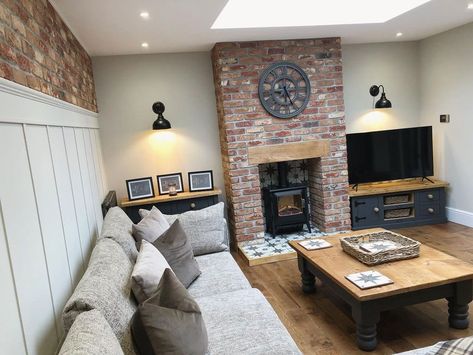 Exposed Brick Living Room, Brick Chimney Breast, Exposed Brick Fireplaces, Brick Fireplace Wall, Wood Burning Stoves Living Room, House Renovation Design, Log Burner Living Room, Fireplace Inspiration, Brick Living Room