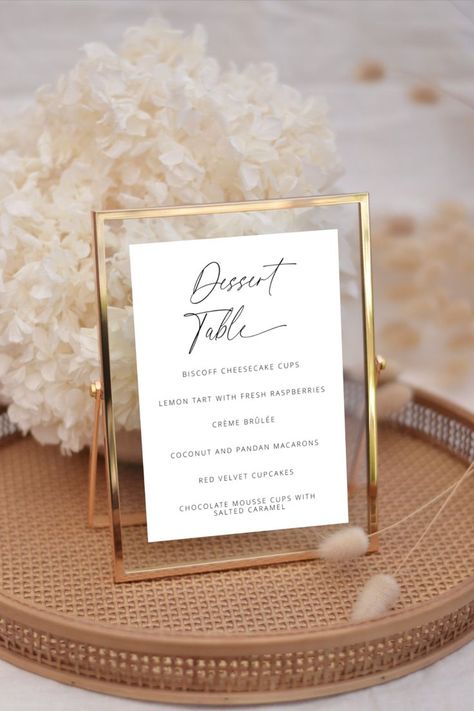 "Dessert Table" sign template in script font. List your  desserts with this sign to help your guests choose their favourite. Portrait orientation template measuring 5x7" Chocolate Mousse Cups, Wedding Cheesecake, Table Signage, Dessert Table Sign, Raspberry Coconut, Signing Table Wedding, Modern Minimalist Wedding, Wedding Dessert Table, Wedding Dessert