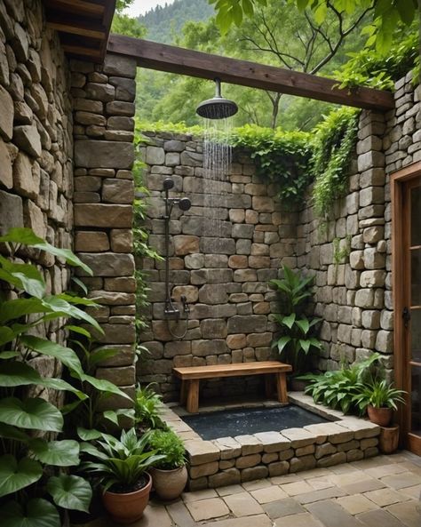 20 Refreshing Rustic Outdoor Shower Ideas To Bring The Spa To Your Backyard – ToolzView Hot Tub Shower Combo, Rustic Outdoor Shower Ideas, Rustic Showers, Forest Lounge, Stone Shower Floor, Bathroom Sauna, Agro Tourism, Design A Garden, Outside Showers