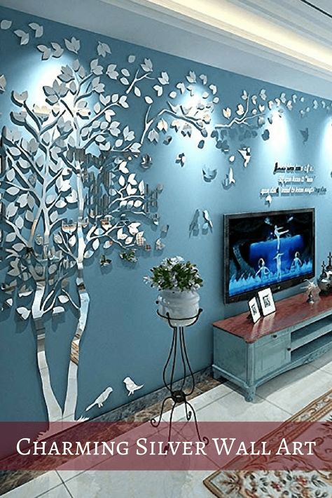 Charming Silver wall art is beautiful, hip and stylish for modern, contemporary and even Industrial interior design themes. Also good when used with retro and metallic home decor motifs. #silver #wallart #wall #art #home #decor #metallic silver wall art Tv Wanddekor, Living Room Wall Designs, Wall Murals Diy, Silver Wall Art, Diy Wall Stickers, Diy Wand, Deco Nature, Tv Wall Decor, Silver Walls