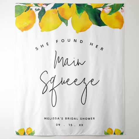 Bridal Shower Photo Backdrop, Shower Photo Backdrop, Blue Tile Patterns, She Found Her Main Squeeze, Found Her Main Squeeze, Citrus Wedding, Bridal Shower Backdrop, Mediterranean Tile, Bridal Shower Photos