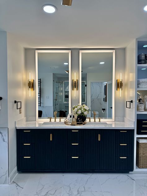 Double Mirror With Sconces, Bathroom Sconces Double Vanity, Master Bath Double Vanity, Black Cabinets Bathroom, Cozy Sitting Area, Toothbrush Holder Wall, Fall Living Room, Living Room Styles, Restroom Decor