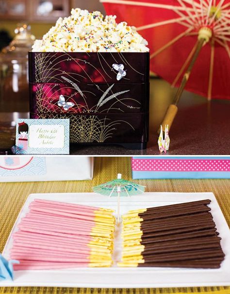 Poky Sticks, Japanese Printables, Japanese Theme Parties, Japan Party, Rainbow Popcorn, Cherry Blossom Party, Chinese Birthday, Candy Sushi, Pocky Sticks