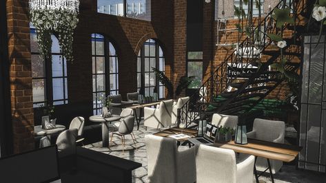 Cafe Au Lait Restaurant Design Rustic, Sims 4 Restaurant, Luxury Cafe, Industrial Glam, Green Cafe, Industrial Cafe, London Cafe, Hangout Spot, Abandoned Factory