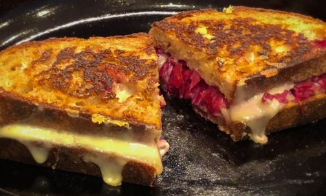 Comfort Food: Grilled Cheese with Sauerkraut Recipe | wildbrine Chicken Taco Salad Recipe, Red Cabbage Sauerkraut, Grilled Kabob Recipes, Sauerkraut Recipe, Quick Pasta Dishes, Chicken Taco Salad, Grilled Meat Recipes, Taco Salad Recipes, Sauerkraut Recipes