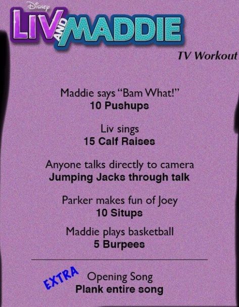 Song Workout Challenge, Tv Workout Challenge, Tv Show Workouts, Movie Workouts, 30 Day Workout Plan, Tv Workouts, Mini Workouts, Liv And Maddie, Workout Songs