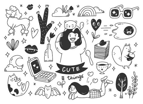 Doodle Line Art, Lsd Art, Arte Doodle, Doodle Pages, Doodle Art Journals, Black And White Stickers, Design Stickers, Doodle Fonts, Pic Nic