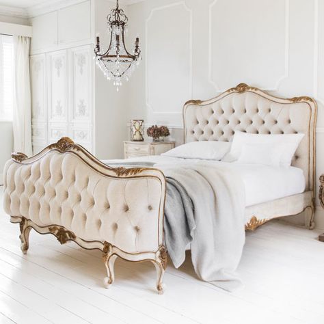 White Hardwood Floors, French Style Bedroom Furniture, Wood And Upholstered Bed, Linen Upholstered Bed, Parisian Bedroom, French Style Bed, French Style Bedroom, Royal Bedroom, French Bed