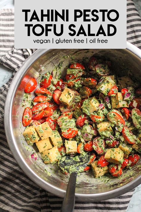 This tahini pesto tofu salad uses an untraditional pesto sauce rich in basil and tahini. The perfect pairing for a lite summer tofu salad. Easy and quick to make for lunch or dinner. Extra sauce is perfect to toss with any meal for a boost of flavor. #vegan #easyrecipe #vegetariandinner #healthydinner #healthy #pesto #tofu Tahini Pesto, Pesto Tofu, Vegan Oil Free, Pesto Recipes, Healthy Pesto, Healthy Vegan Dinner Recipes, Tofu Marinade, Healthy Vegan Dinner, Tempeh Recipes