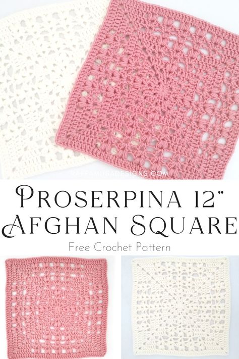 a collage of pictures showing the crocheted Proserpina 12" afghan block in different colors Delicate Granny Square, 12 Inch Granny Square Crochet Pattern, Solid Color Granny Square, Crochet Lace Granny Square, Crocheted Fashion, Crocheting Gifts, Granny Square Blankets, Solid Granny Square, Granny Square Pattern Free