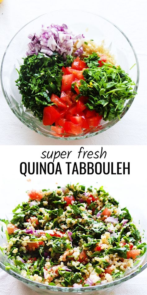 Fresh and healthy quinoa salad aka quinoa tabbouleh! This quinoa recipe is easy, vegan, gluten-free and delicious - great healthy side dish that goes with almost anything! Healthy Quinoa Salad, Quinoa Tabbouleh, Healthy Quinoa, Quinoa Recipe, Tabbouleh Salad, Clean Eating For Beginners, Quinoa Healthy, Quinoa Salad Recipes, Healthy Side