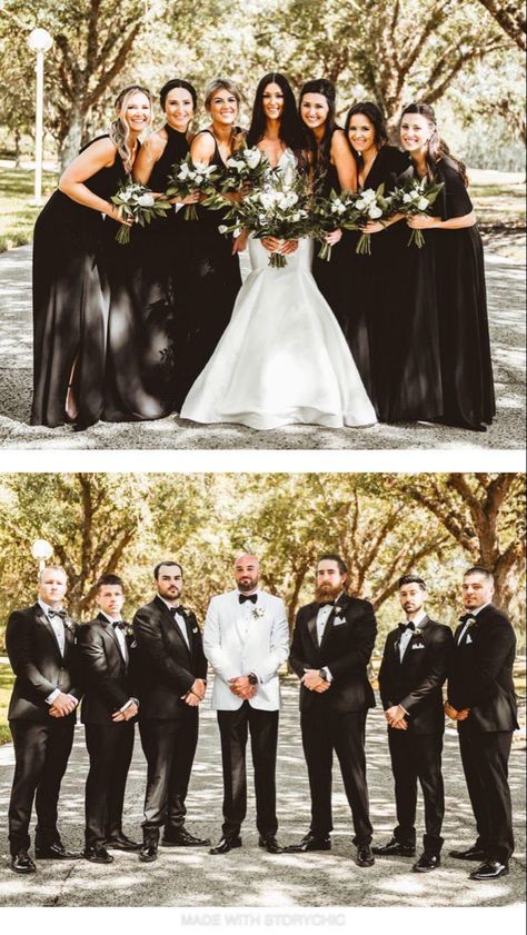 Bride And Groom In White Guests In Black, Formal Black Wedding Attire, All White And Black Wedding, Black Tie Glam Wedding, White Groom Suit Black Groomsmen, Black And White Dress Code Wedding, Wedding Bouquet Black And White, Black And White Wedding Bridesmaid Dress, Black Tie Theme Wedding