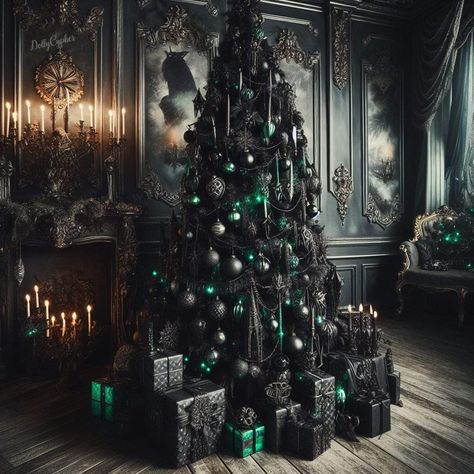 Witch Christmas Trees, Dark Green And Black Christmas Tree, Dark Nutcracker Aesthetic, Slytherin Christmas Wallpaper, Slytherin Christmas Tree, Dark Academia Christmas Tree, Black And Green Christmas Tree, Dark Green Christmas Aesthetic, Goth Christmas Aesthetic