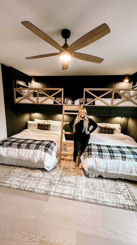 Farmhouse Bunk Beds Guest Rooms, Bunk Beds For Guest Room, Cabin Queen Bunk Beds, Queen Bed With Twin Bunk, Cabin Queen Bed, Lake Bunk House, Bunk Bed For Adults Guest Rooms, Twin Bed Bunk Room, Built In Bunk Bed Queen And Twin