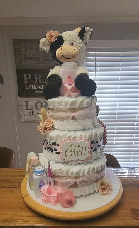 Cow Baby Shower Cake, Cow Themed Baby Shower Ideas, Cow Diaper Cake, Cowgirl Baby Shower Ideas, Cowgirl Baby Shower Theme, Cow Baby Shower Theme, Work Baby Showers, Cow Baby Shower, Cowgirl Baby Showers