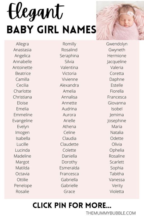 Stunning baby girl name ideas that are elegant! Click the pin for more ideas and meanings Girly Name Ideas, Elegant Names Girl, Nombres Coquette, Female Names List, Female Names With Meaning, Name Ideas Girl, Two Syllable Girl Names, Fancy Girl Names, Baby Girl Names With Meaning