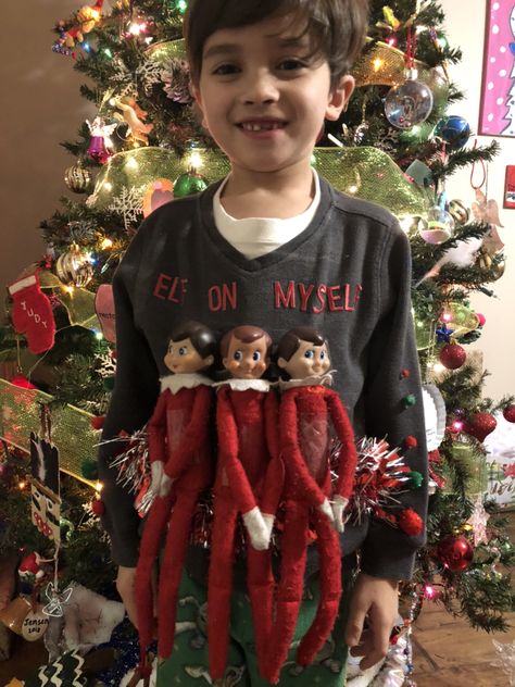 Elf On The Shelf Ugly Sweater Diy, Ugly Sweater Ideas For Kids, Elf Movie Ugly Christmas Sweater Diy, Diy Elf Shirt Kids, Toddler Boy Ugly Christmas Sweater, Elf On Shelf Sweater Pattern, Elf Christmas Sweater, Kids Ugly Sweater, Reindeer Ugly Sweater