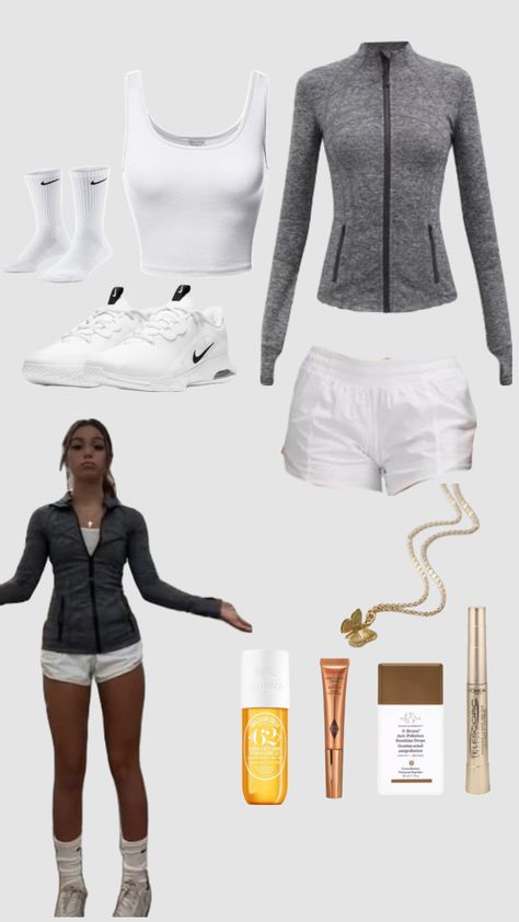 Gym Strip Outfits School, Track And Field Practice Outfits, Athlete Aesthetic Outfits, Athletic Fits Aesthetic, Nike Pro Outfit Ideas, Pe Class Outfit, Top Calvin Klein Outfit, White Athletic Shorts Outfit, How To Style Athletic Shorts